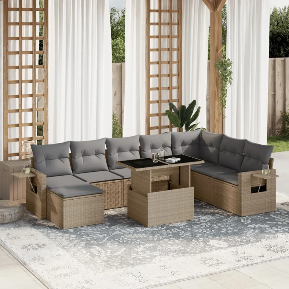 9-delige Loungeset met kussens poly rattan beige vidaXL