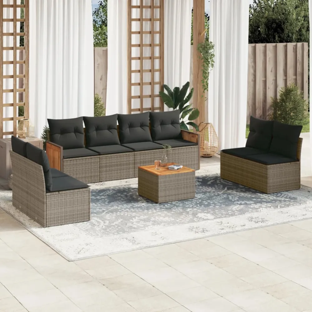 9-delige Loungeset met kussens poly rattan grijs vidaXL
