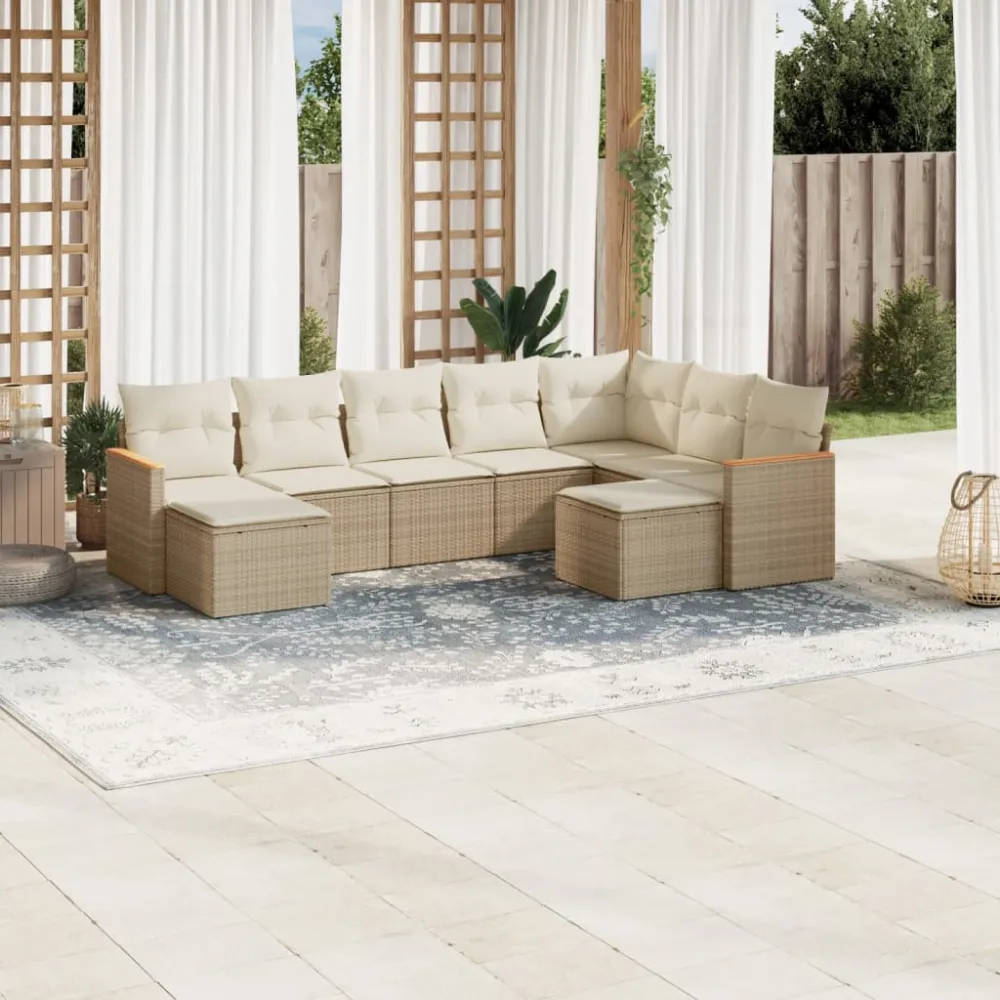 9-delige Loungeset met kussens poly rattan beige vidaXL
