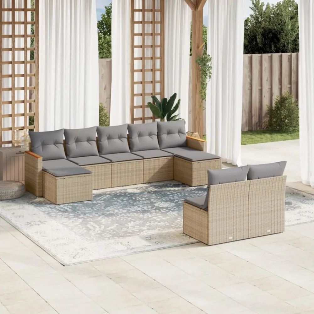 9-delige Loungeset met kussens poly rattan gemengd beige vidaXL