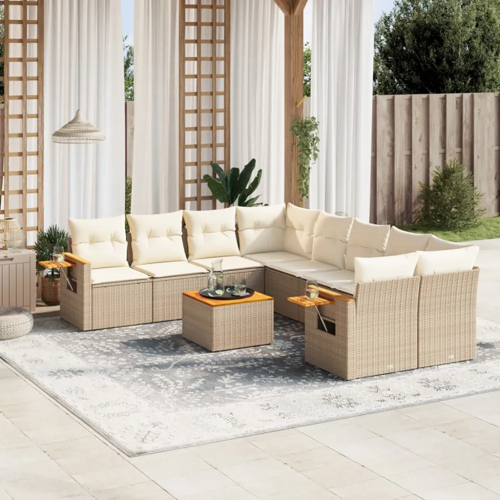 9-delige Loungeset met kussens poly rattan beige vidaXL