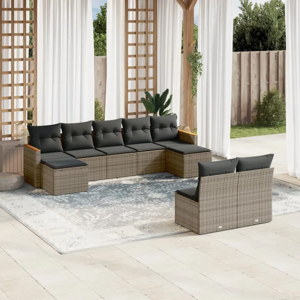 9-delige Loungeset met kussens poly rattan grijs vidaXL
