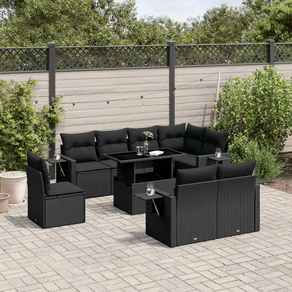 9-delige Loungeset met kussens poly rattan zwart vidaXL