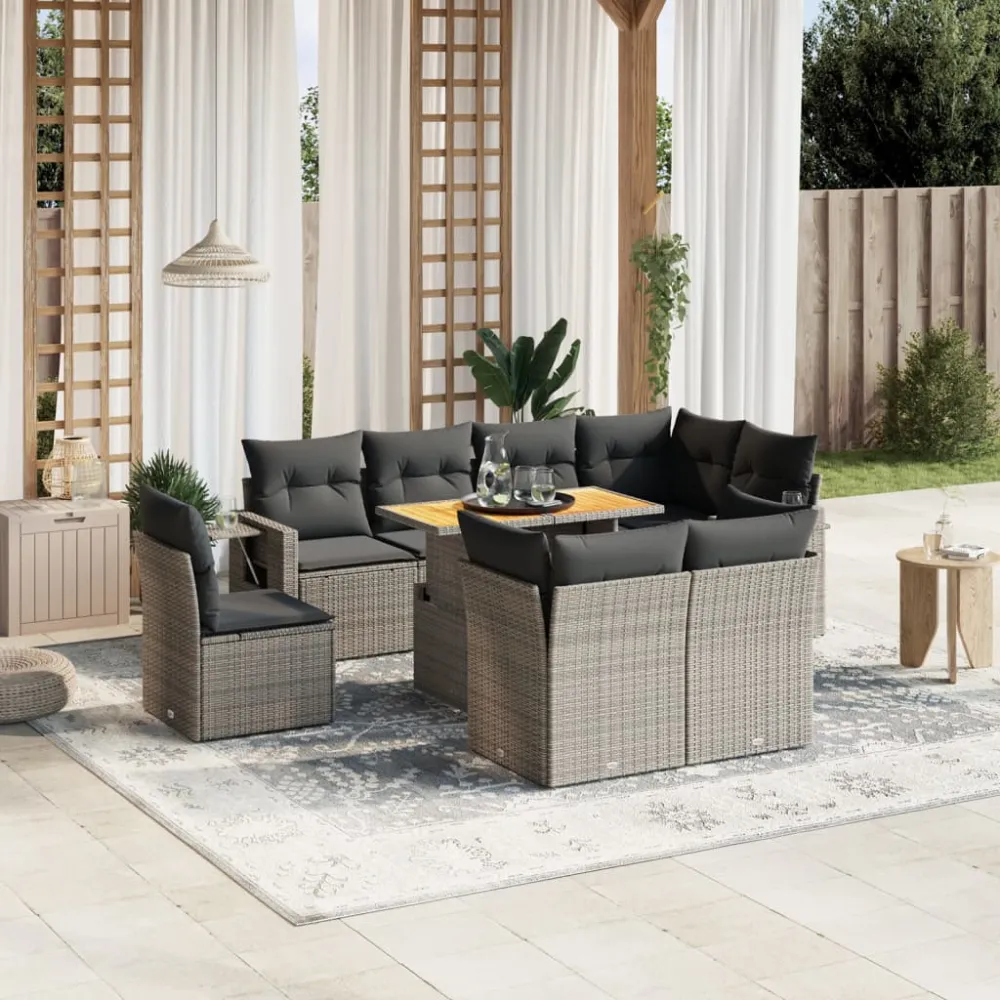 9-delige Loungeset met kussens poly rattan grijs vidaXL