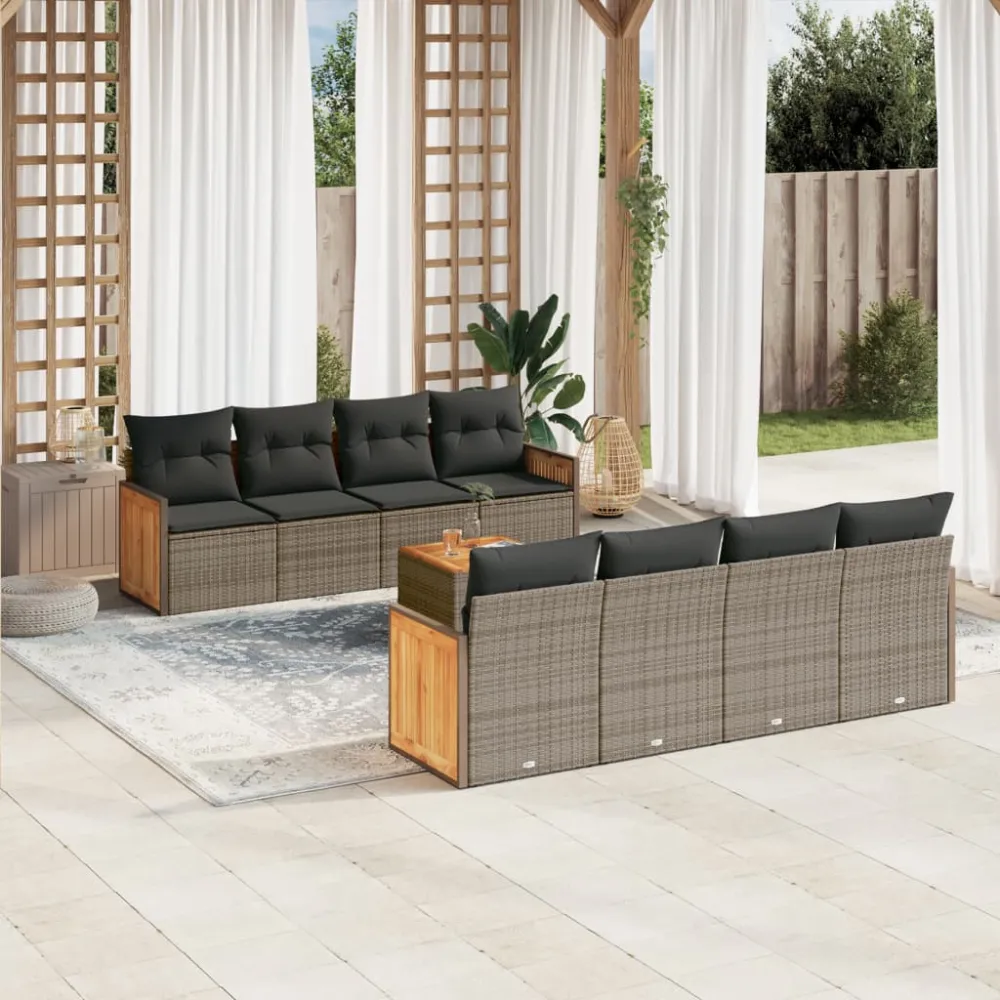 9-delige Loungeset met kussens poly rattan grijs vidaXL