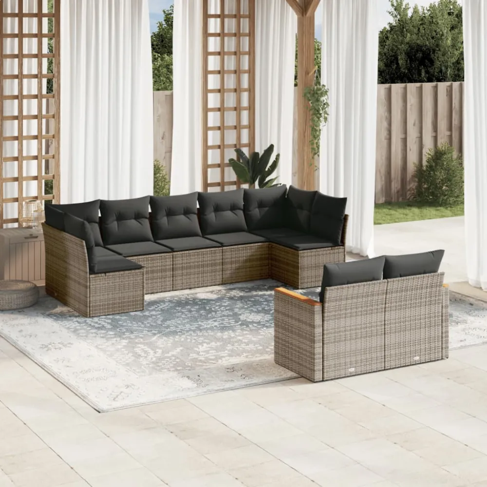 9-delige Loungeset met kussens poly rattan grijs vidaXL
