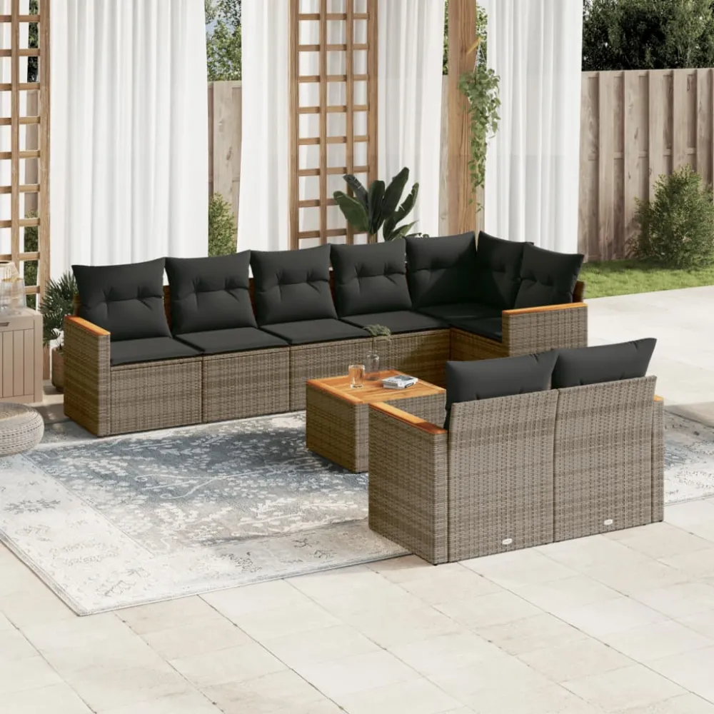9-delige Loungeset met kussens poly rattan grijs vidaXL