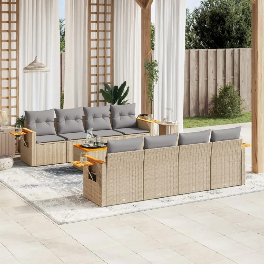9-delige Loungeset met kussens poly rattan beige vidaXL