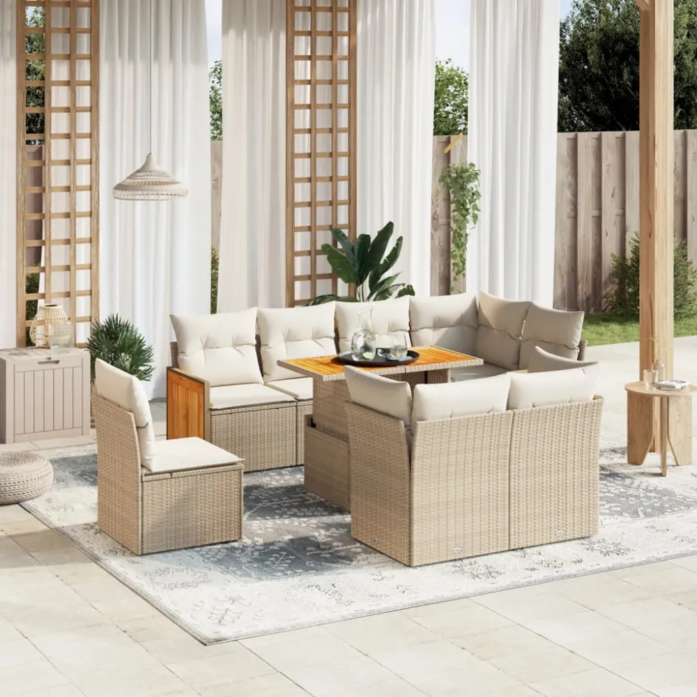 9-delige Loungeset met kussens poly rattan beige vidaXL