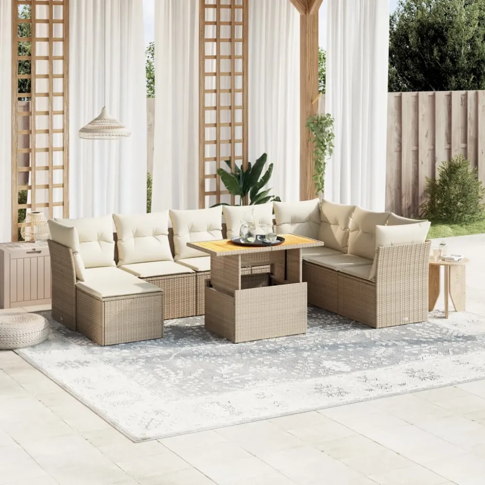 9-delige Loungeset met kussens poly rattan beige vidaXL