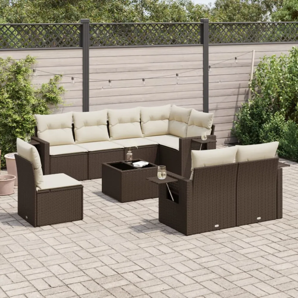 9-delige Loungeset met kussens poly rattan bruin vidaXL