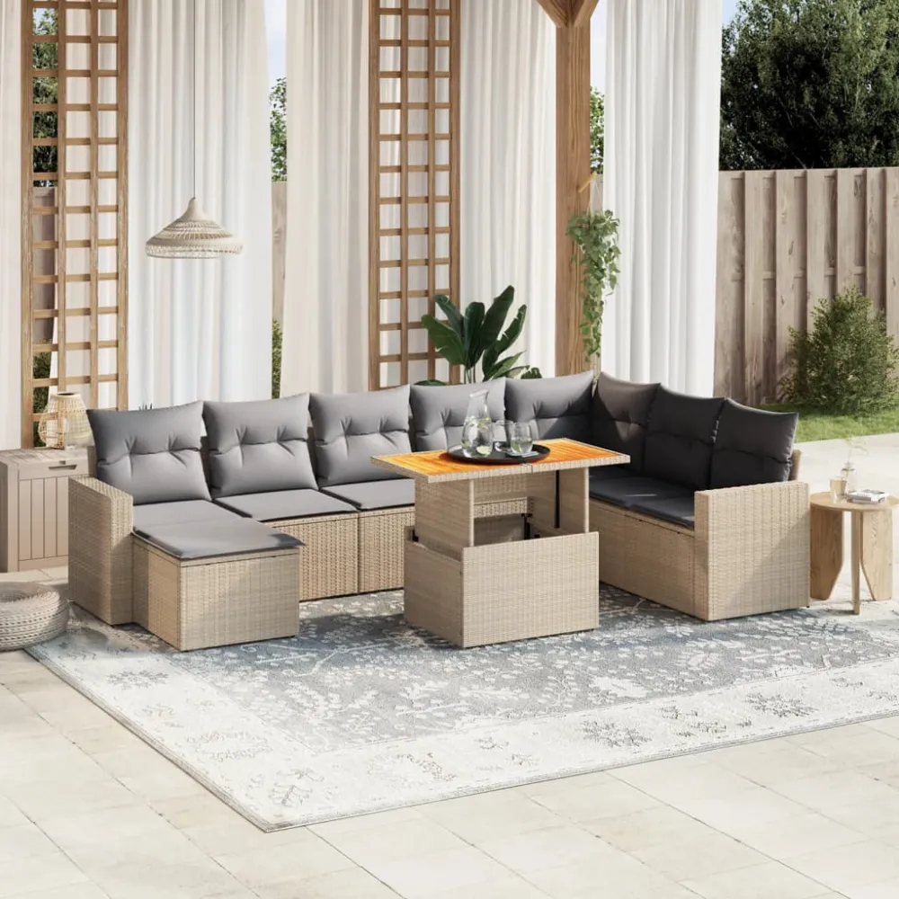 9-delige Loungeset met kussens poly rattan beige vidaXL