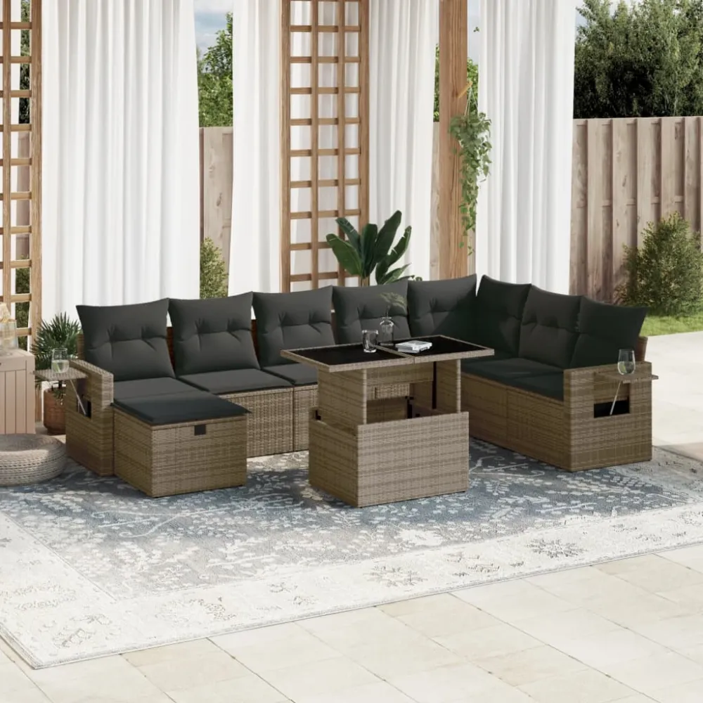 9-delige Loungeset met kussens poly rattan grijs vidaXL