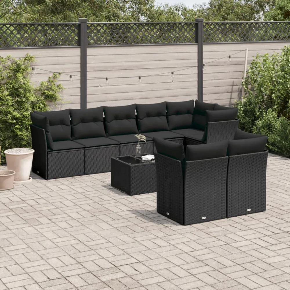 9-delige Loungeset met kussens poly rattan zwart vidaXL