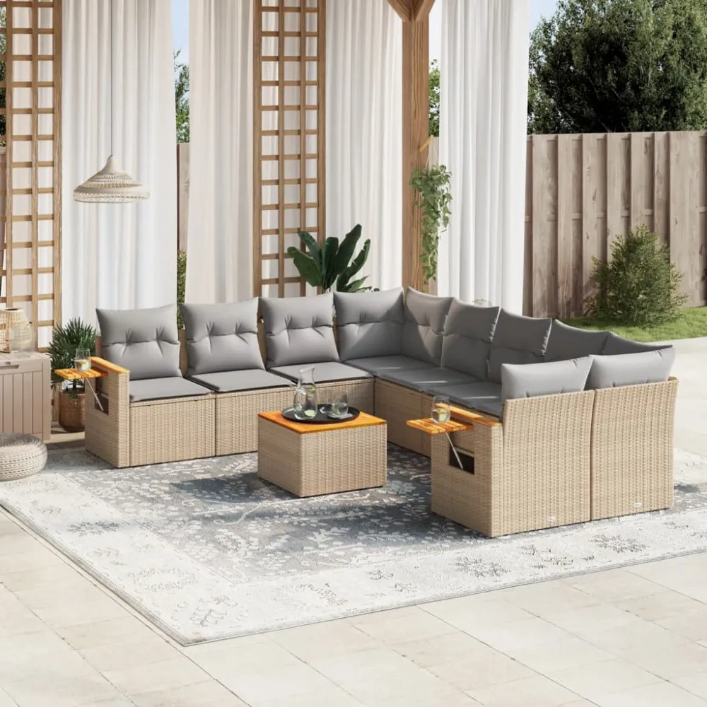 9-delige Loungeset met kussens poly rattan beige vidaXL