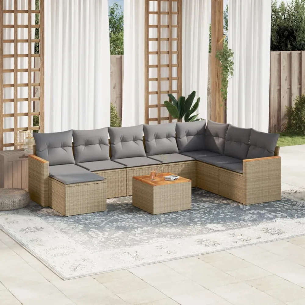 9-delige Loungeset met kussens poly rattan gemengd beige vidaXL
