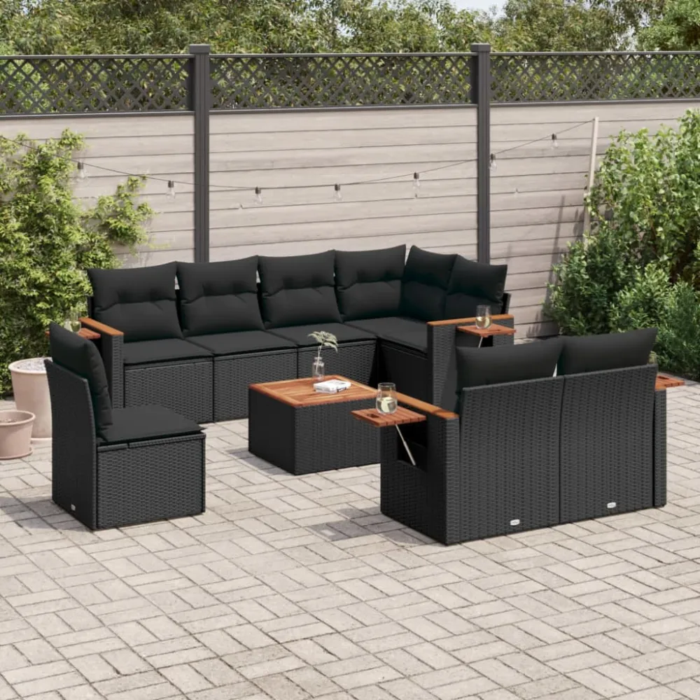 9-delige Loungeset met kussens poly rattan zwart vidaXL