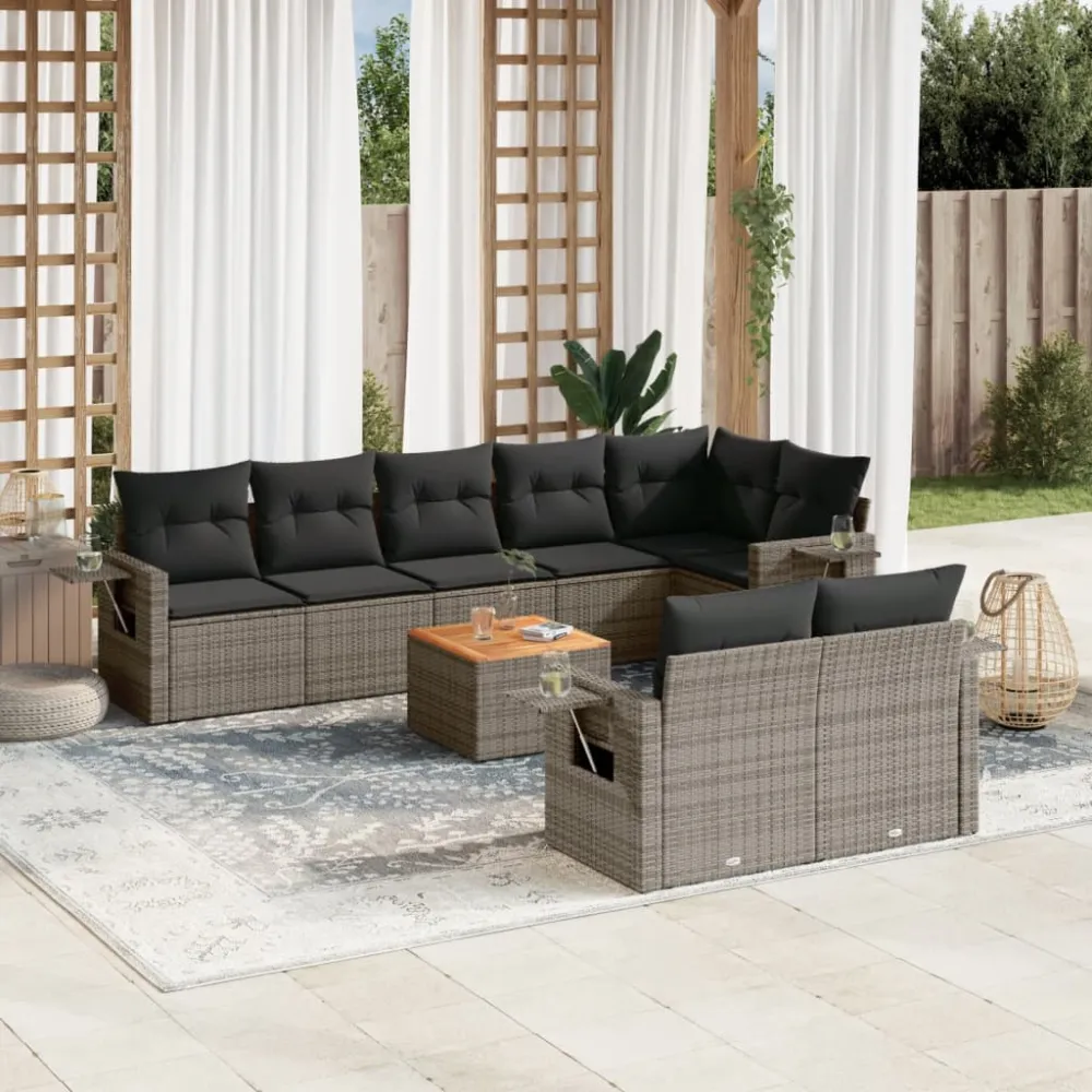 9-delige Loungeset met kussens poly rattan grijs vidaXL