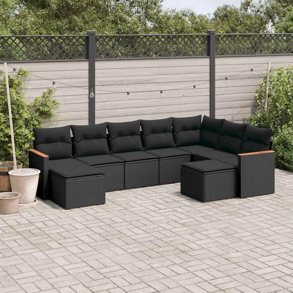 9-delige Loungeset met kussens poly rattan zwart vidaXL