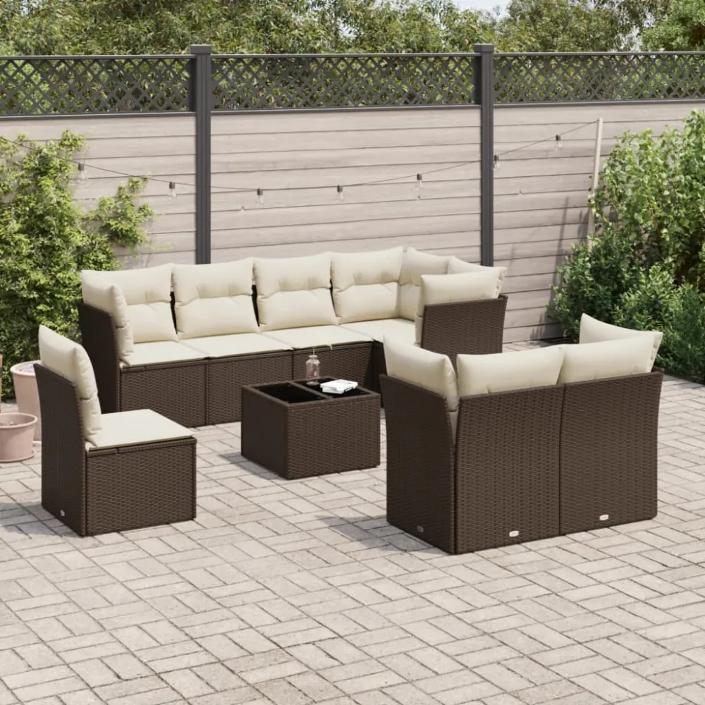 9-delige Loungeset met kussens poly rattan bruin vidaXL