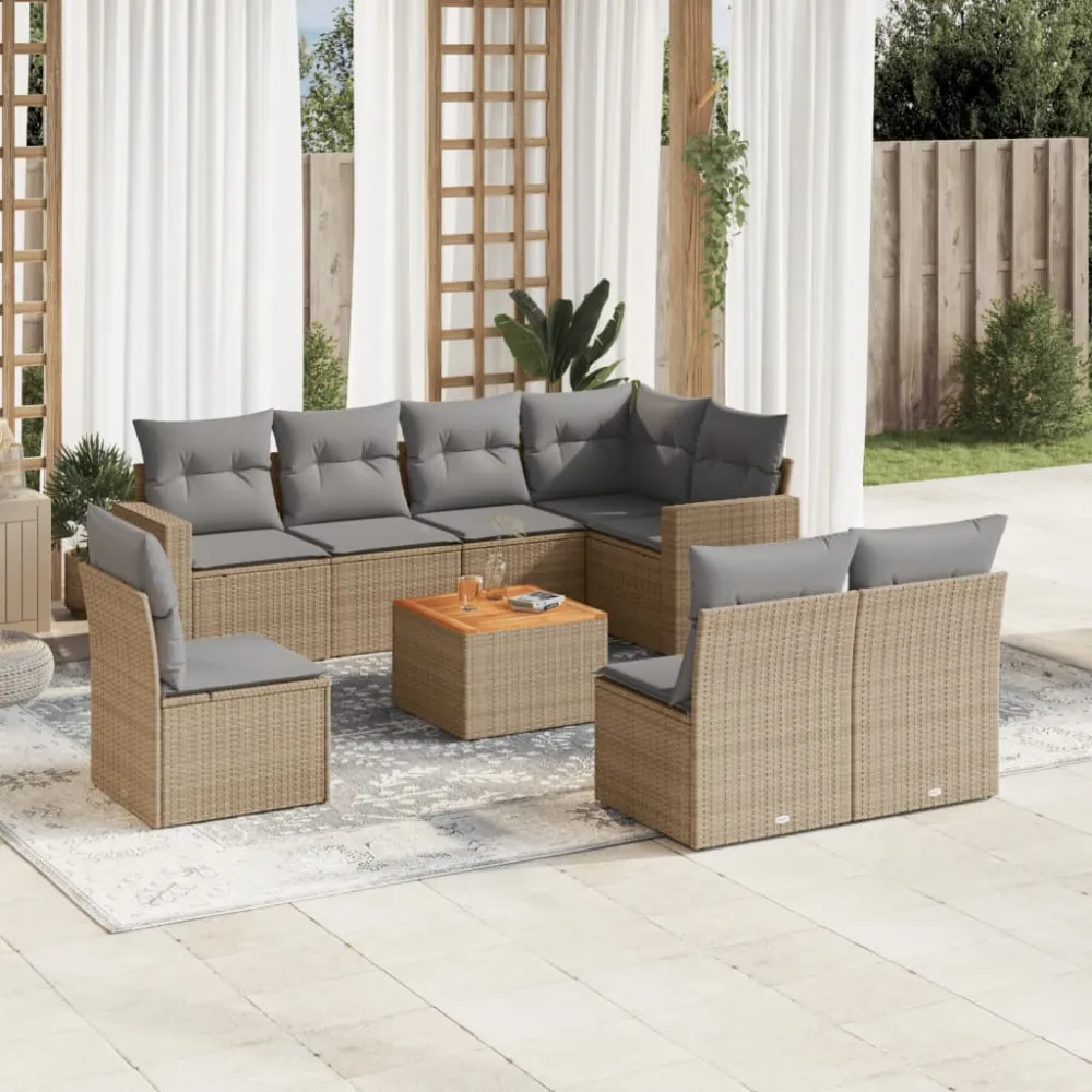 9-delige Loungeset met kussens poly rattan beige vidaXL