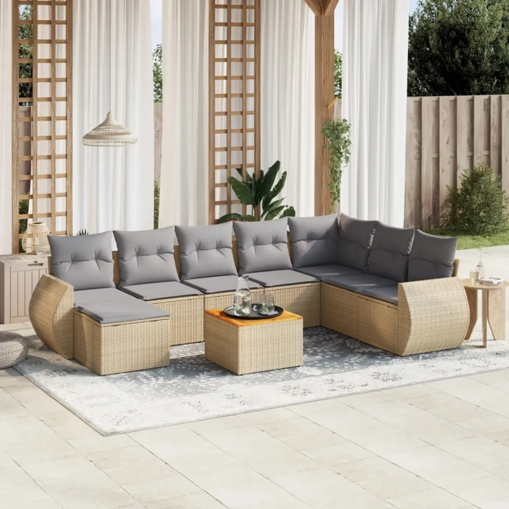 9-delige Loungeset met kussens poly rattan beige vidaXL