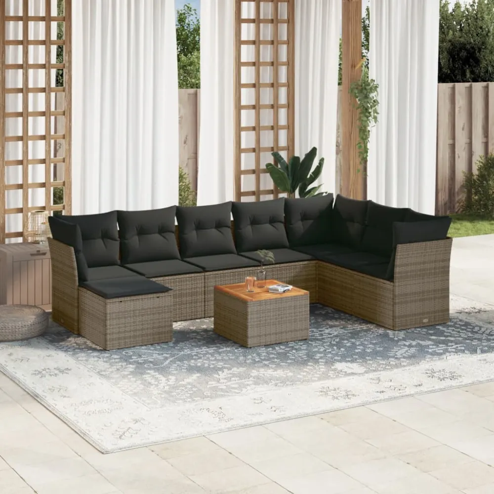 9-delige Loungeset met kussens poly rattan grijs vidaXL