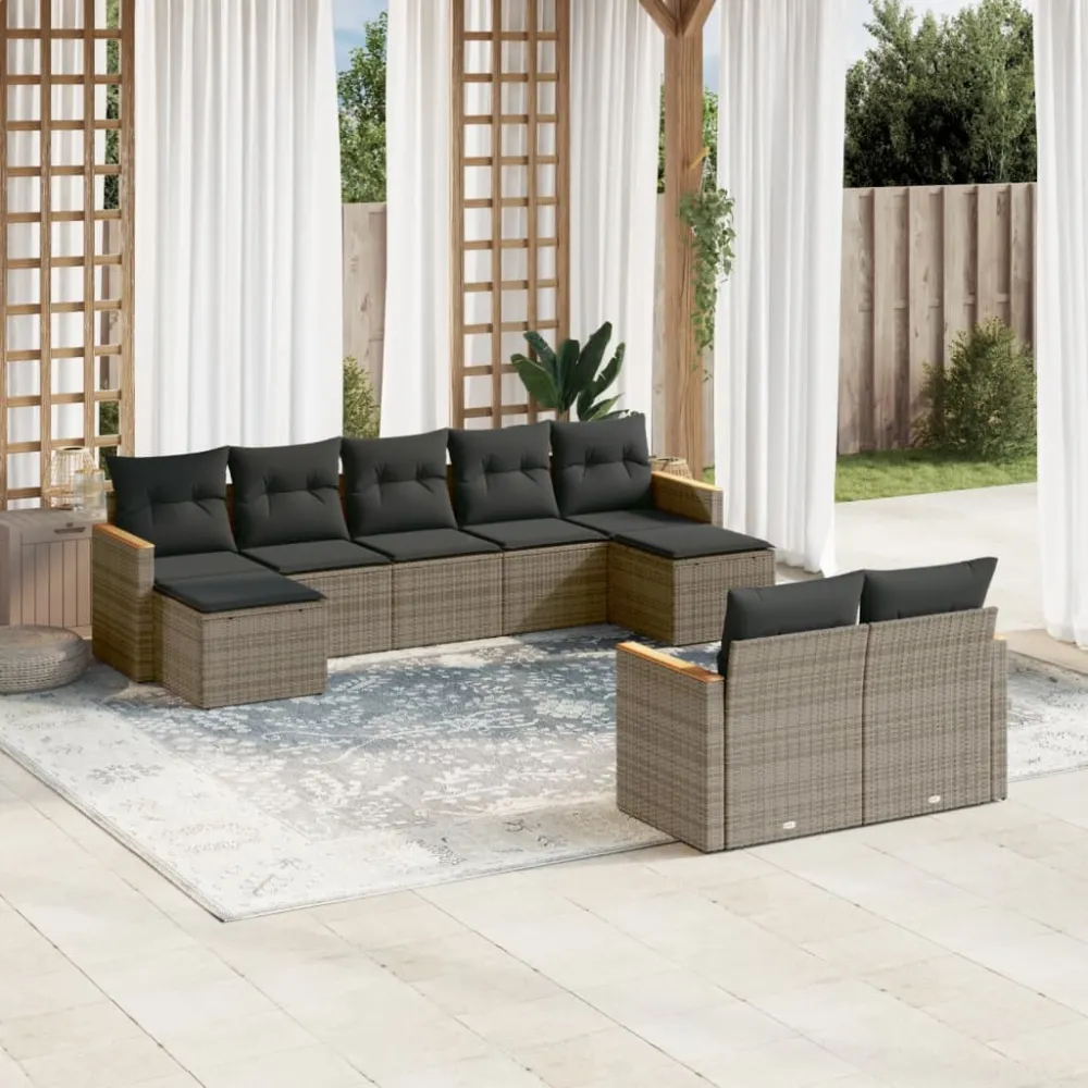 9-delige Loungeset met kussens poly rattan grijs vidaXL