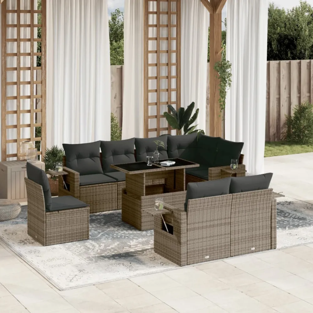 9-delige Loungeset met kussens poly rattan grijs vidaXL