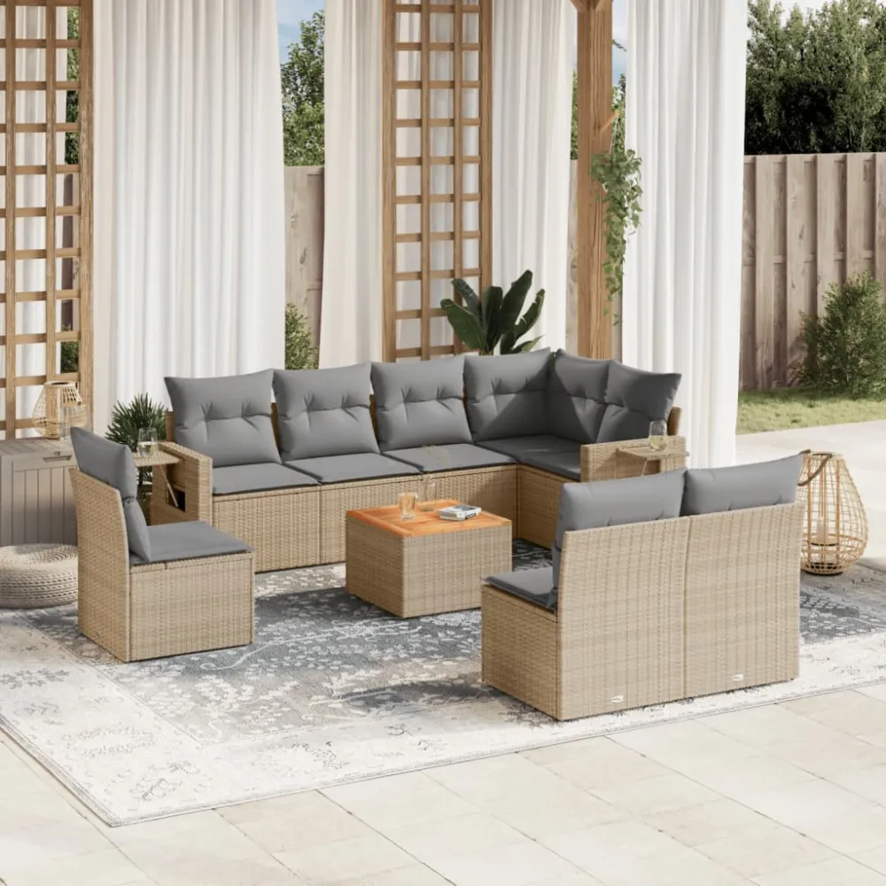 9-delige Loungeset met kussens poly rattan beige vidaXL