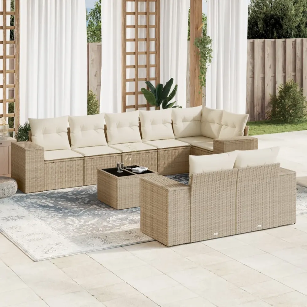9-delige Loungeset met kussens poly rattan beige vidaXL