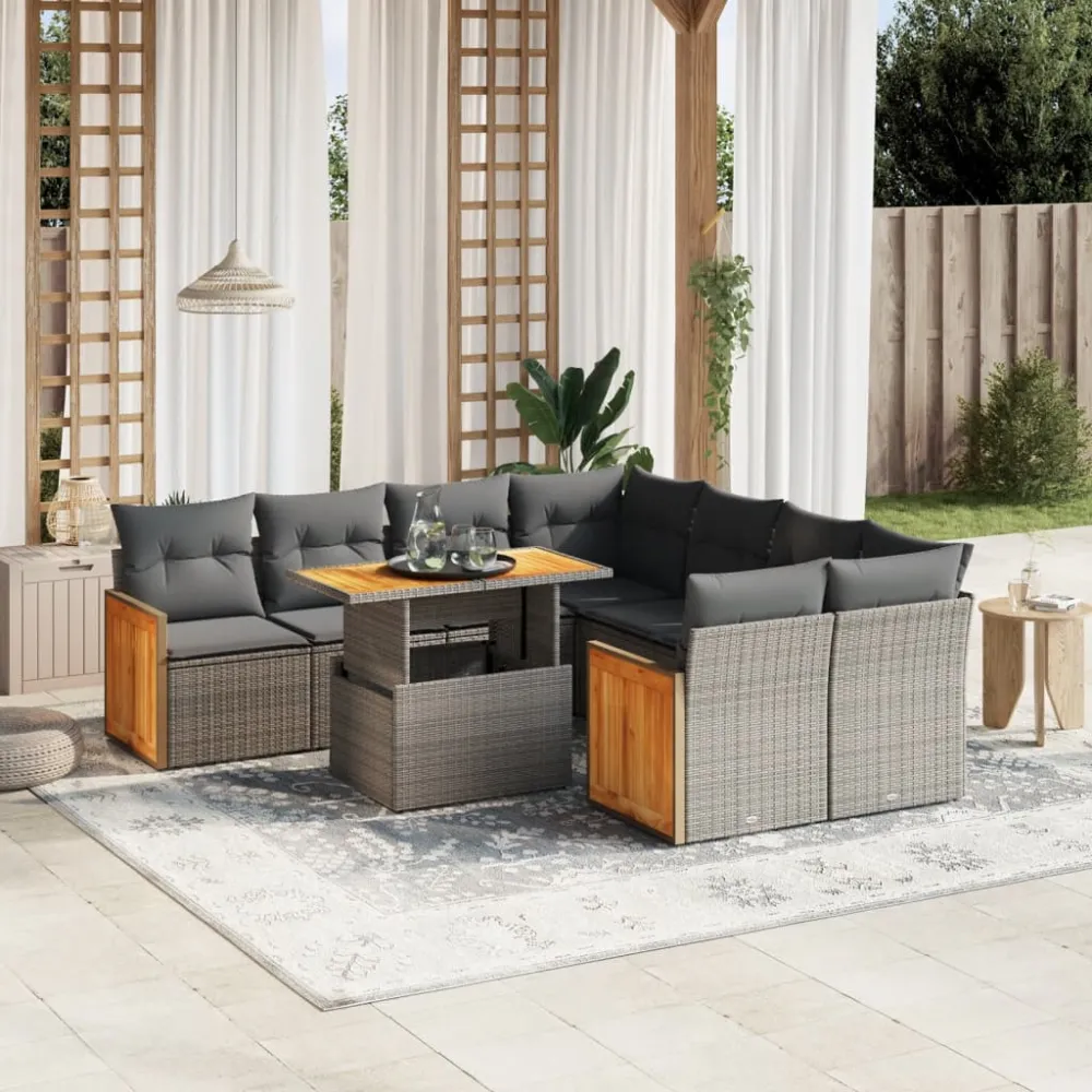 9-delige Loungeset met kussens poly rattan grijs vidaXL