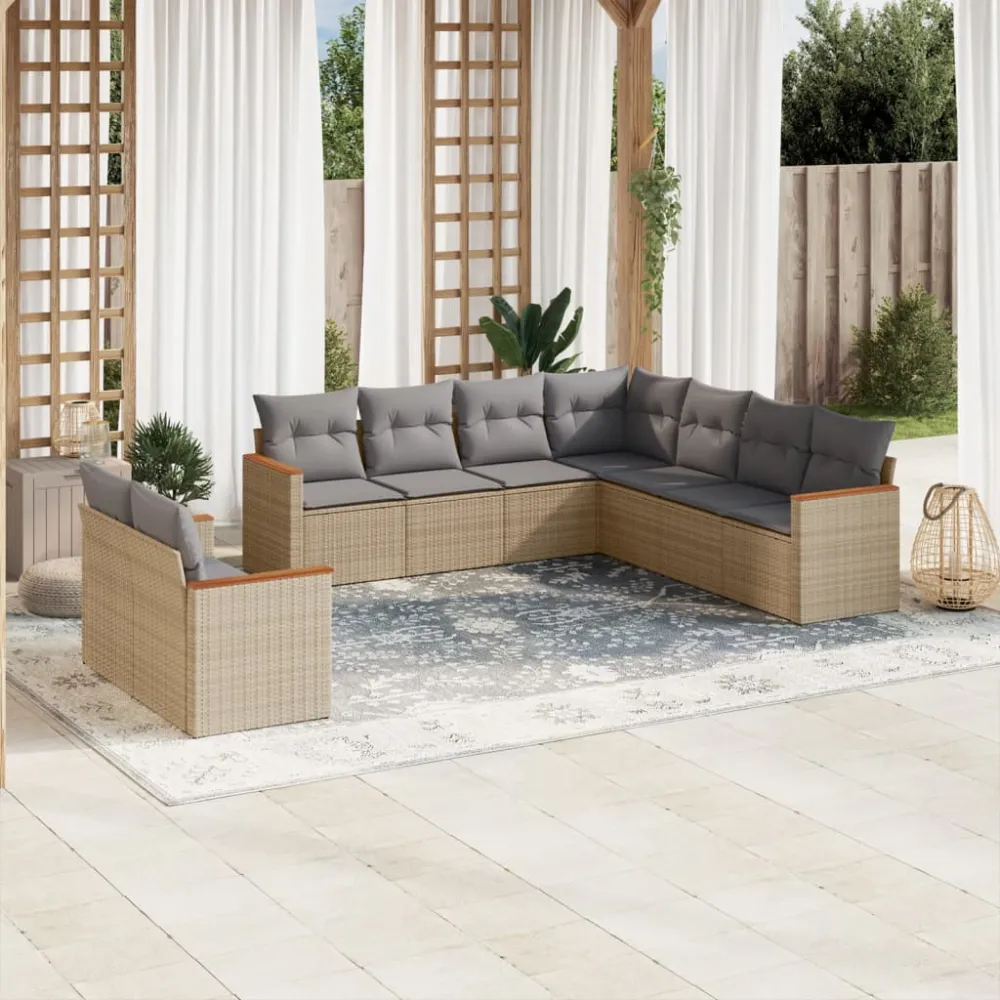 9-delige Loungeset met kussens poly rattan gemengd beige vidaXL
