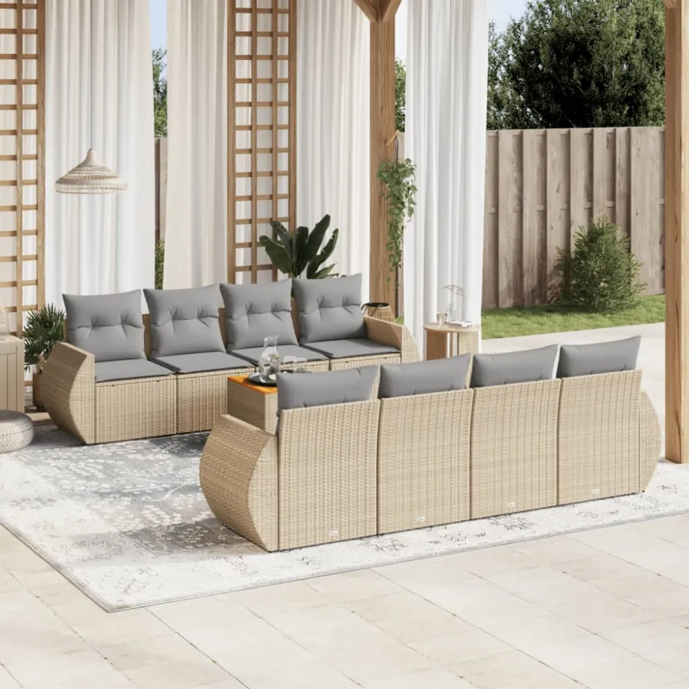 9-delige Loungeset met kussens poly rattan beige vidaXL