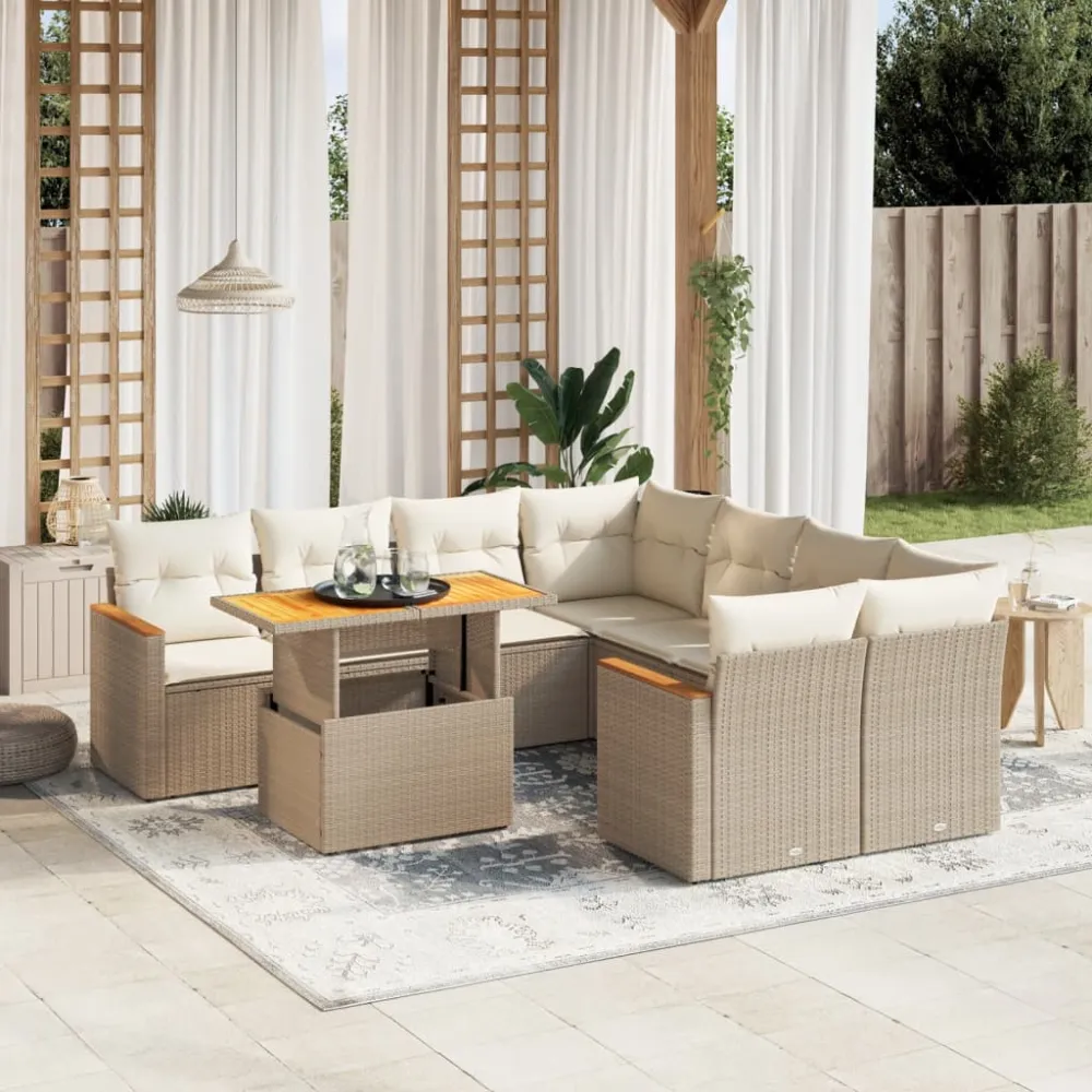 9-delige Loungeset met kussens poly rattan beige vidaXL