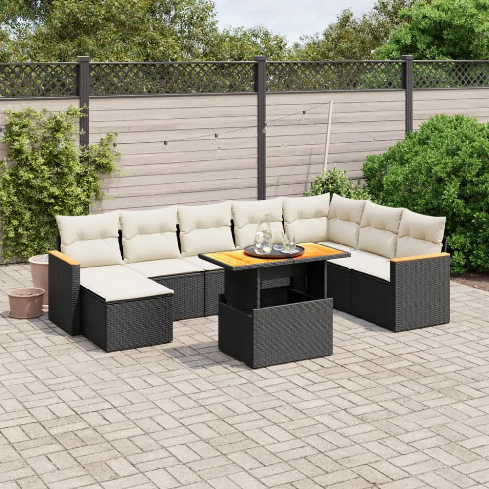 9-delige Loungeset met kussens poly rattan zwart vidaXL