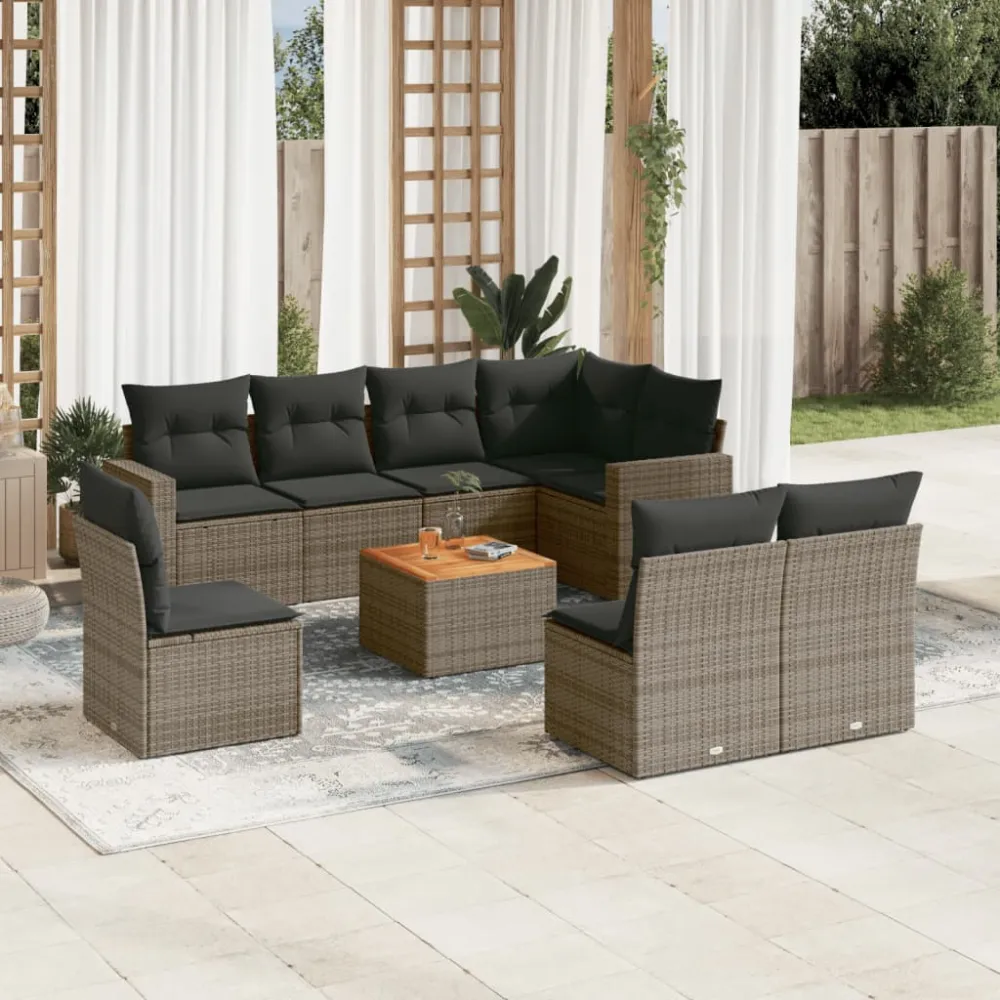 9-delige Loungeset met kussens poly rattan grijs vidaXL