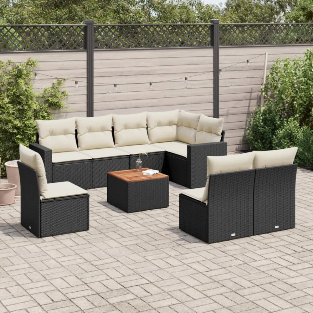 9-delige Loungeset met kussens poly rattan zwart vidaXL