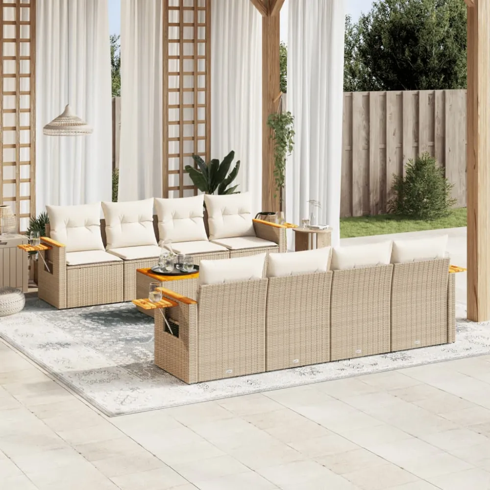 9-delige Loungeset met kussens poly rattan beige vidaXL