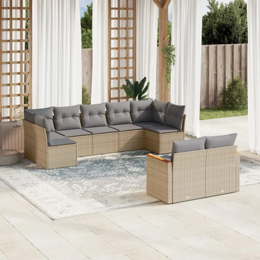 9-delige Loungeset met kussens poly rattan gemengd beige vidaXL
