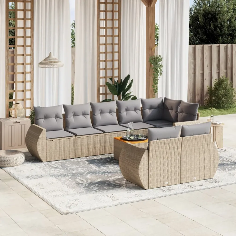 9-delige Loungeset met kussens poly rattan beige vidaXL