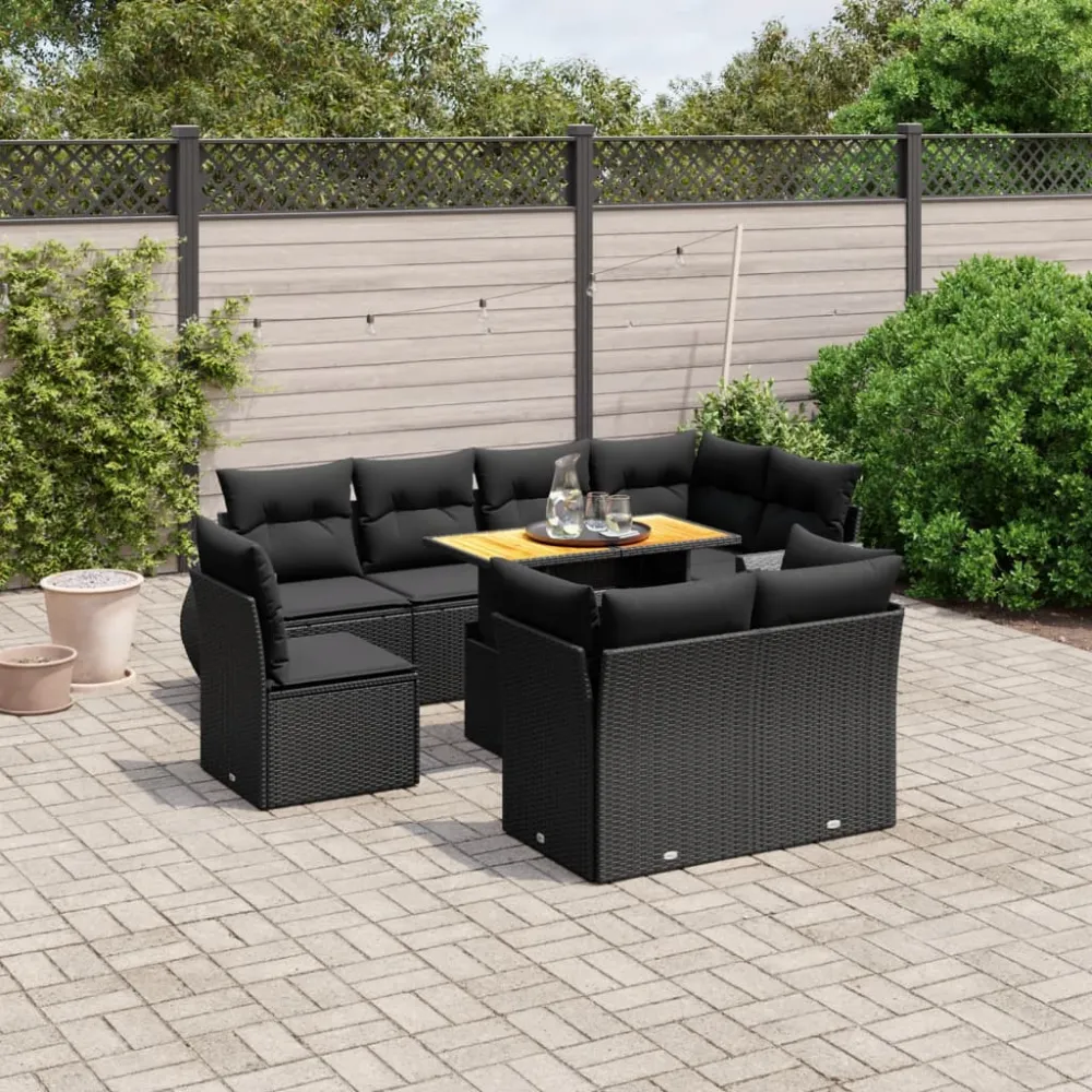 9-delige Loungeset met kussens poly rattan zwart vidaXL
