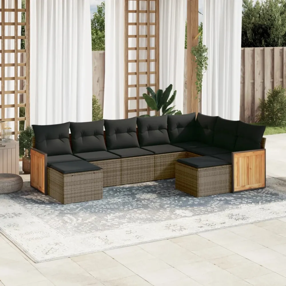 9-delige Loungeset met kussens poly rattan grijs vidaXL