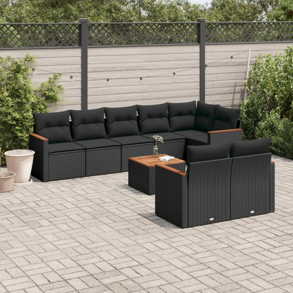 9-delige Loungeset met kussens poly rattan zwart vidaXL