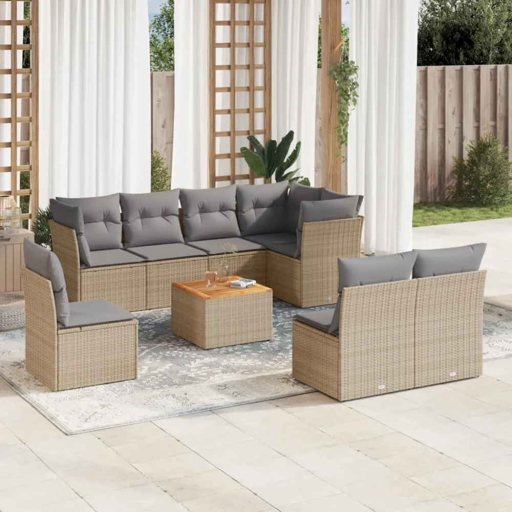 9-delige Loungeset met kussens poly rattan beige vidaXL
