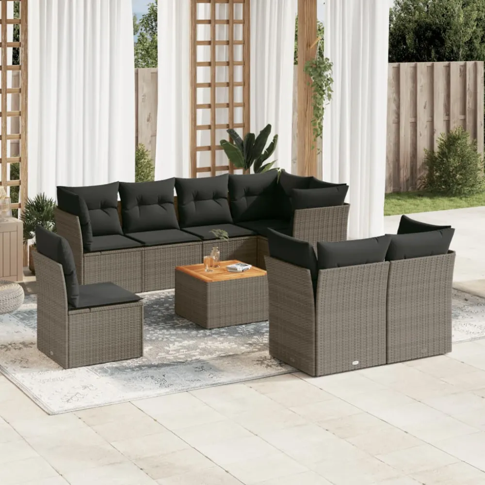 9-delige Loungeset met kussens poly rattan grijs vidaXL