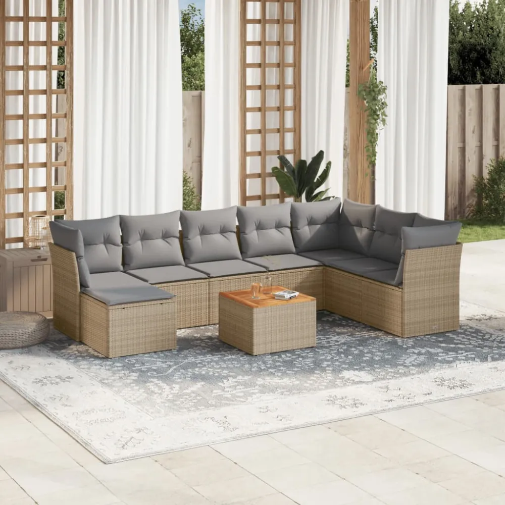 9-delige Loungeset met kussens poly rattan beige vidaXL