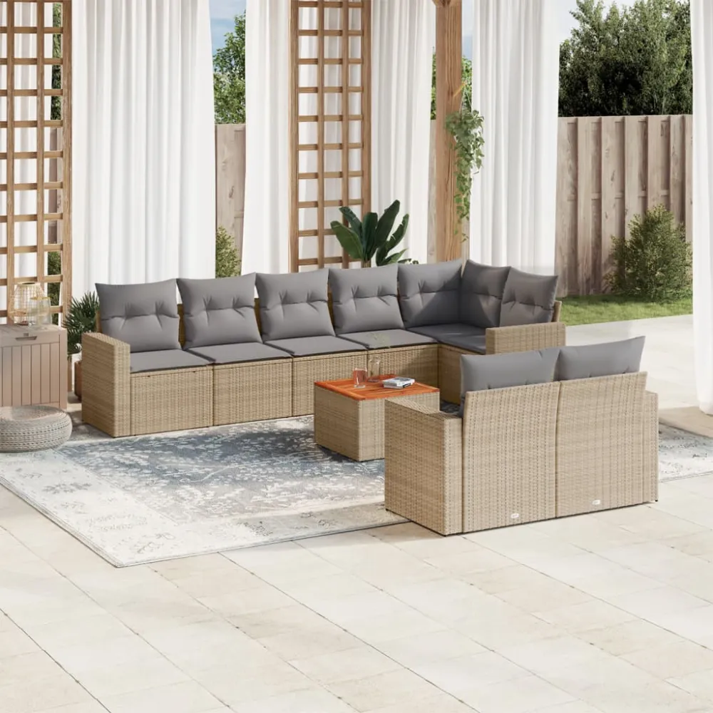 9-delige Loungeset met kussens poly rattan beige vidaXL