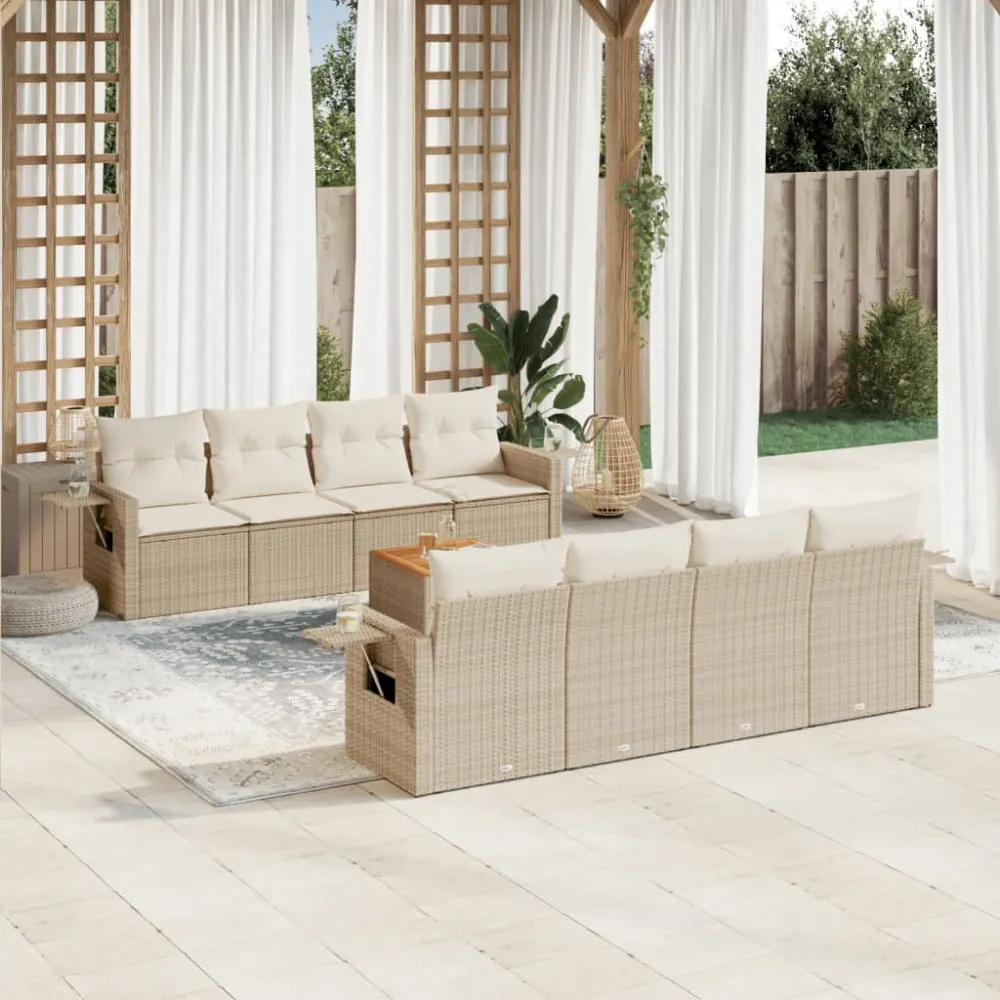 9-delige Loungeset met kussens poly rattan beige vidaXL