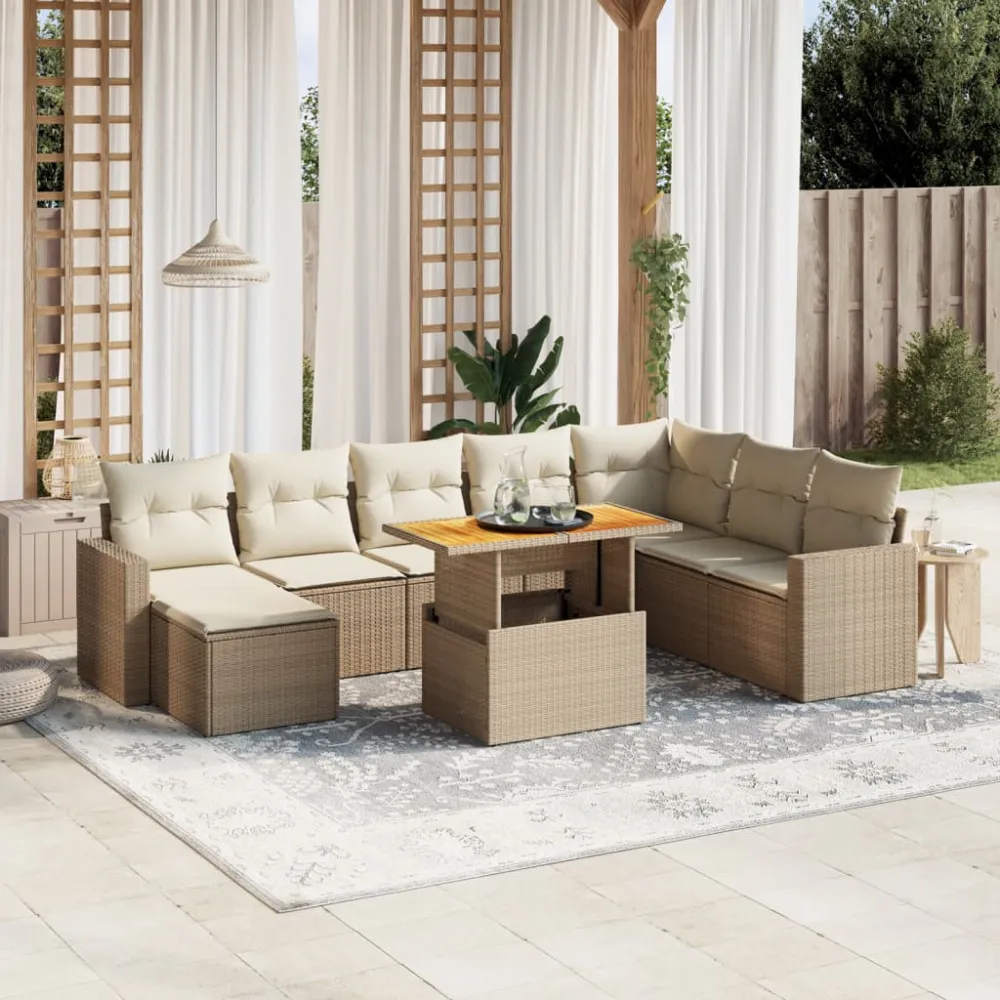 9-delige Loungeset met kussens poly rattan beige vidaXL